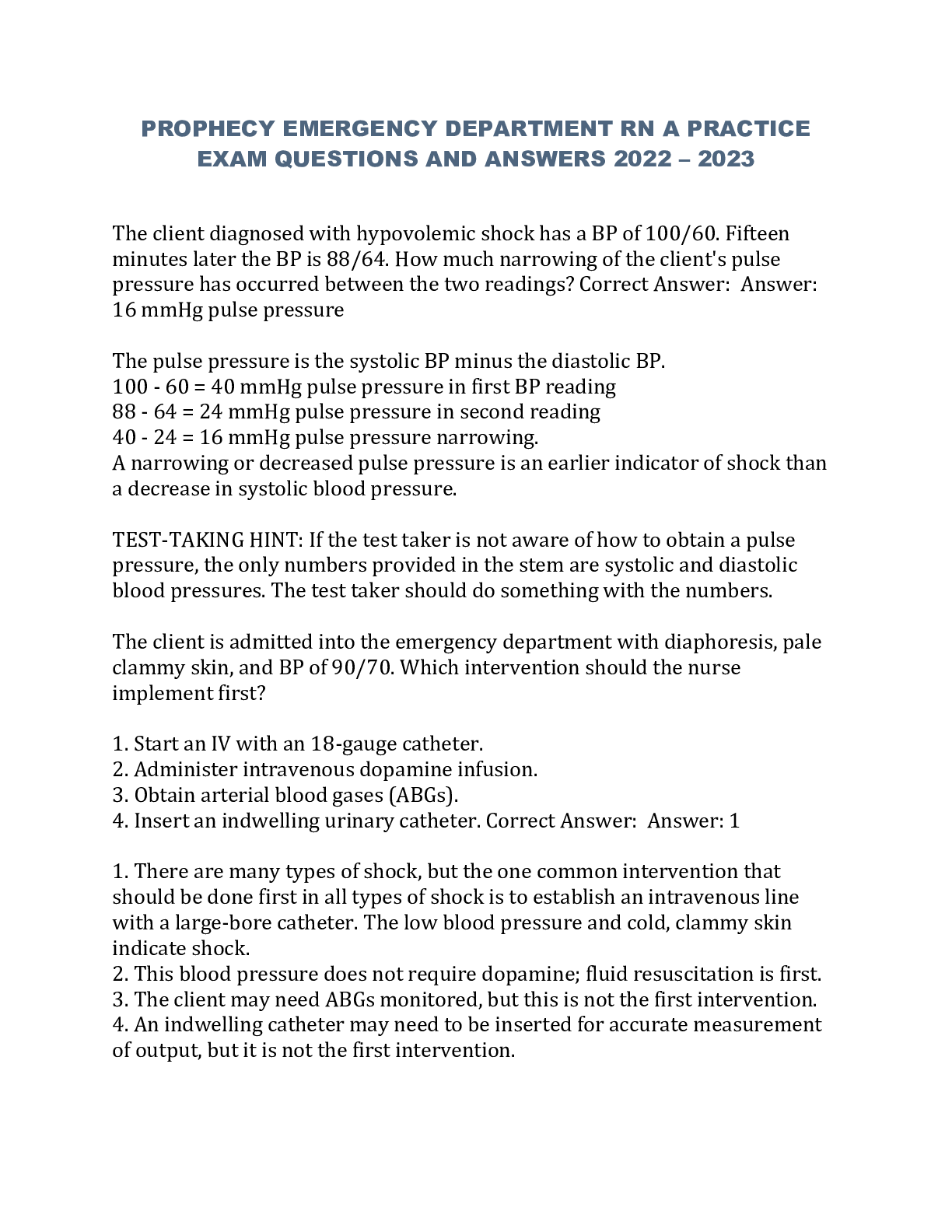 Preview image for PROPHECY EMERGENCY DEPARTMENT RN A PRACTICE EXAM QUESTIONS AND ANSWERS 2022 – 2023